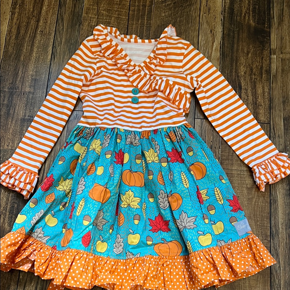 Eleanor Rose Striped Orange and Blue Leaf Dress